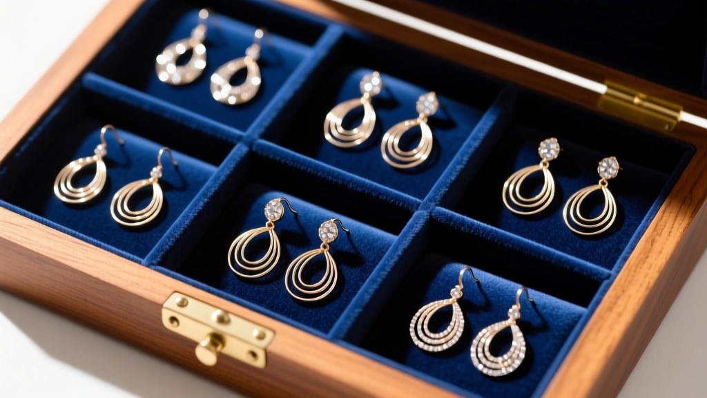 Overhead view of french wire earrings neatly slotted into a velvet-lined wooden jewelry organizer with individual compartments.
