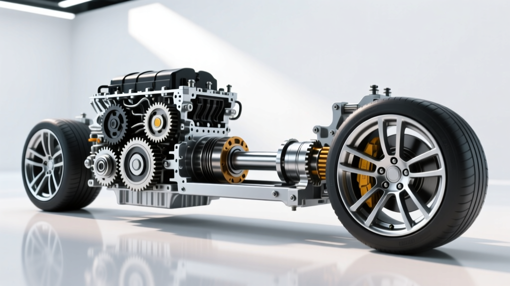 Detailed cutaway view of a longitudinal rear-wheel drive layout showing the transmission bolted directly behind the engine block