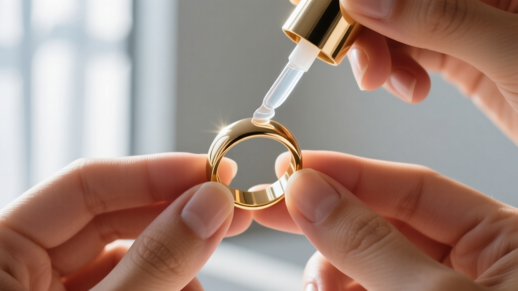 Hands applying clear polish to the inside band of a brass cocktail ring to prevent green skin, lit by bright natural window light.