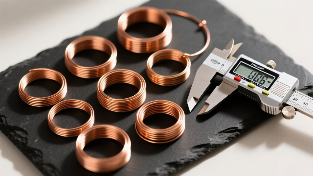 Top-down view of coiled copper jewelry wire in 16, 20, and 28 AWG gauges on a dark slate surface with digital calipers.