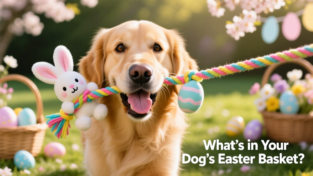 Close-up of a dog happily tugging on a rope toy with plush Easter bunny and egg attachments