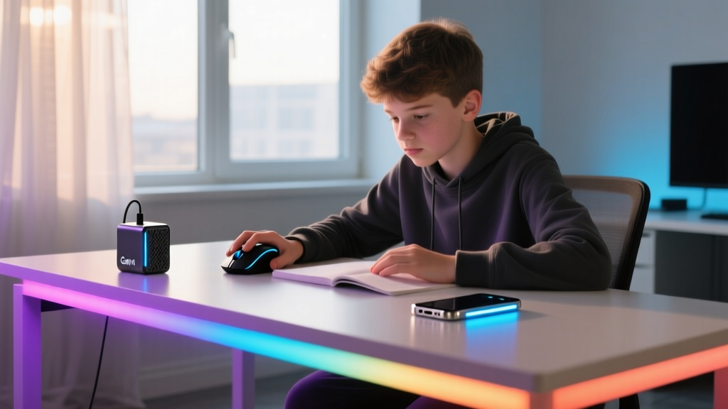 Teen studying at a modern desk illuminated by RGBIC LED strip lights, using a silent mouse and charging a smartphone with a compact GaN brick