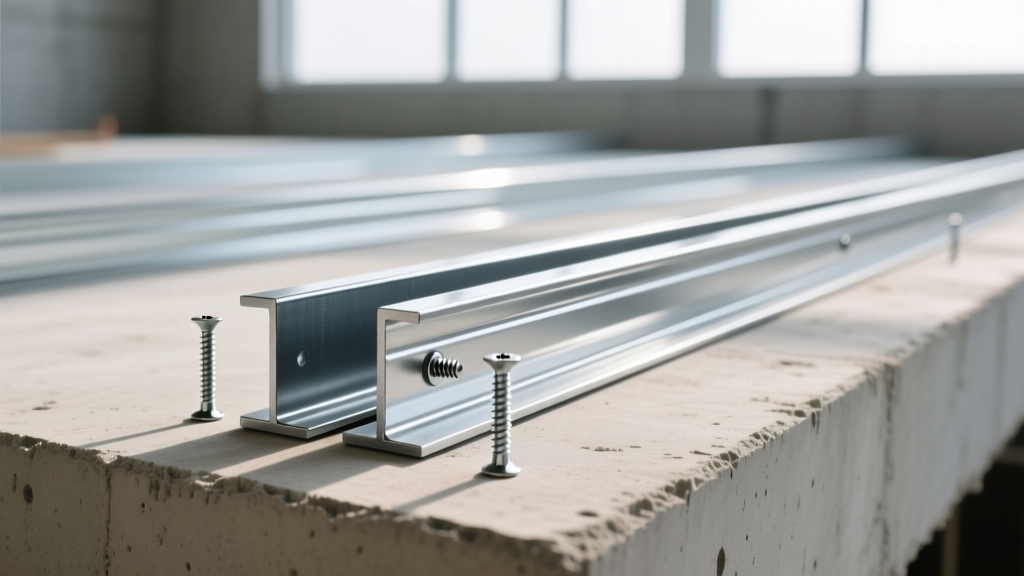 Galvanized cold formed steel wall studs and tracks assembled with self-drilling screws on a concrete slab foundation