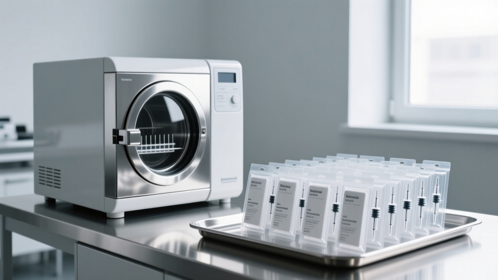 Sterile autoclave machine and sealed single-use needle cartridges on a stainless steel tray in a professional piercing studio