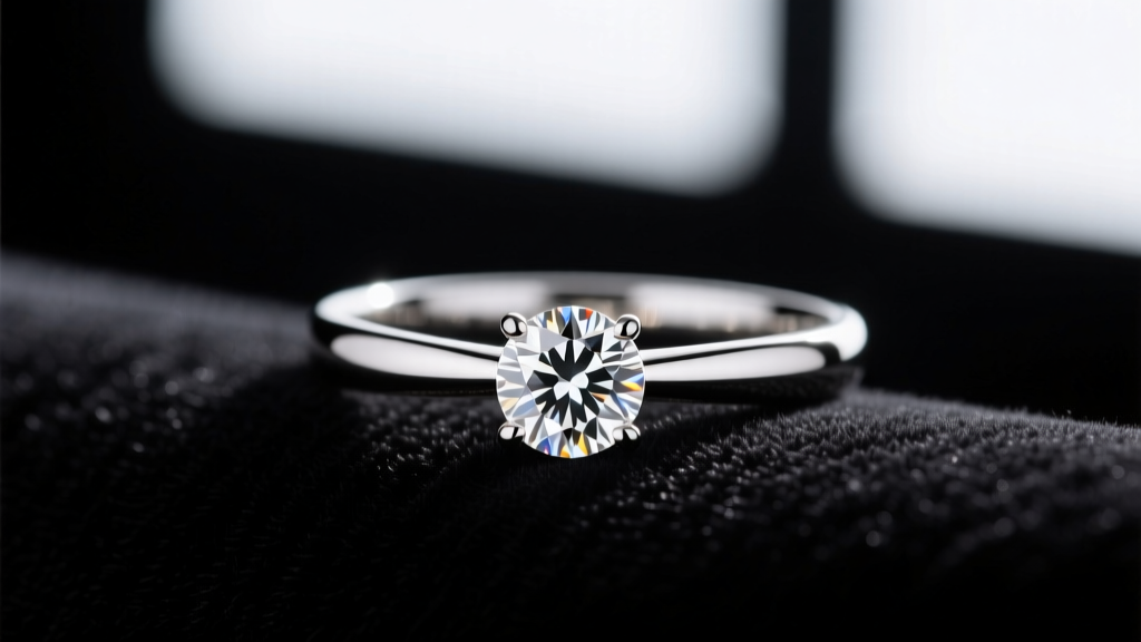Macro photography of a 14k white gold solitaire pendant with a 0.25 carat SI1 round brilliant diamond resting on dark velvet fabric