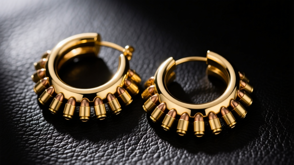 Close-up of heavy 14k yellow gold hoop earrings with small bullet casing charms, resting on black leather, moody studio lighting.