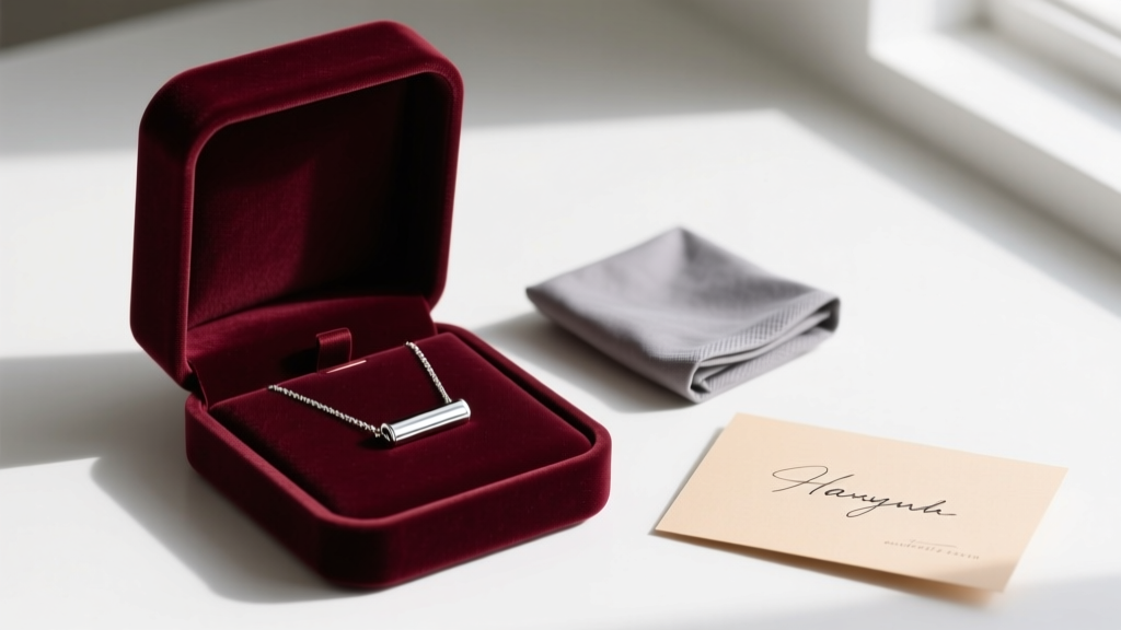 Open velvet box showing a delicate silver bar pendant necklace beside a small anti-tarnish cloth and a handwritten greeting note.