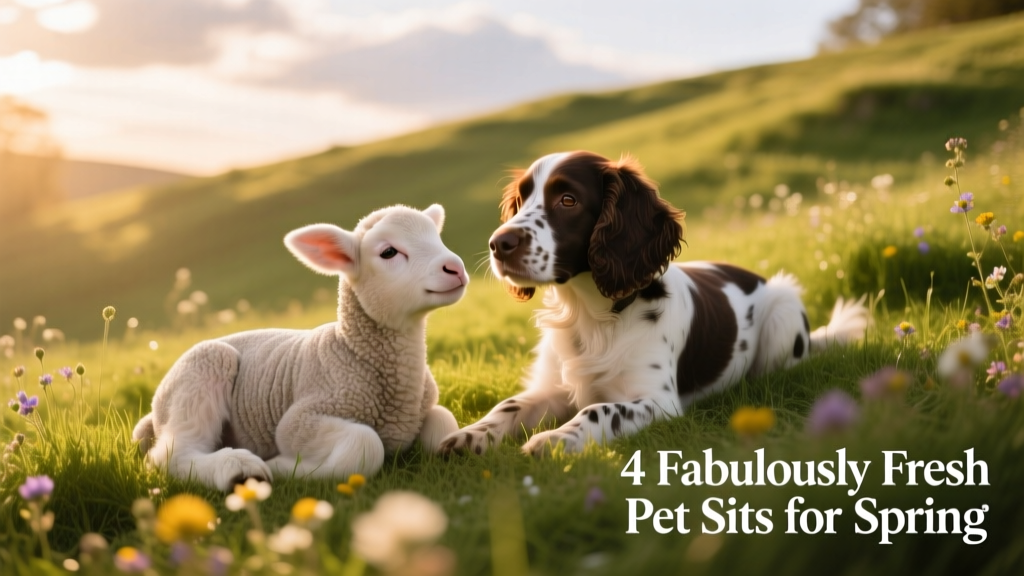 A lamb and a springer spaniel lying together peacefully on a sun-dappled grassy hillside