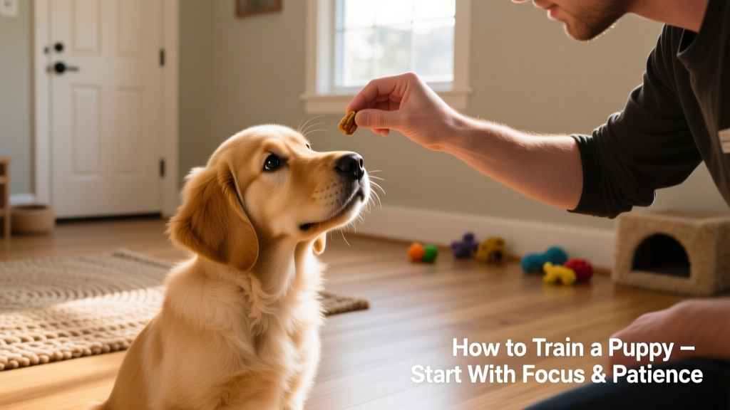 A focused puppy making eye contact with their handler during a quiet indoor training session, treat held just above nose level