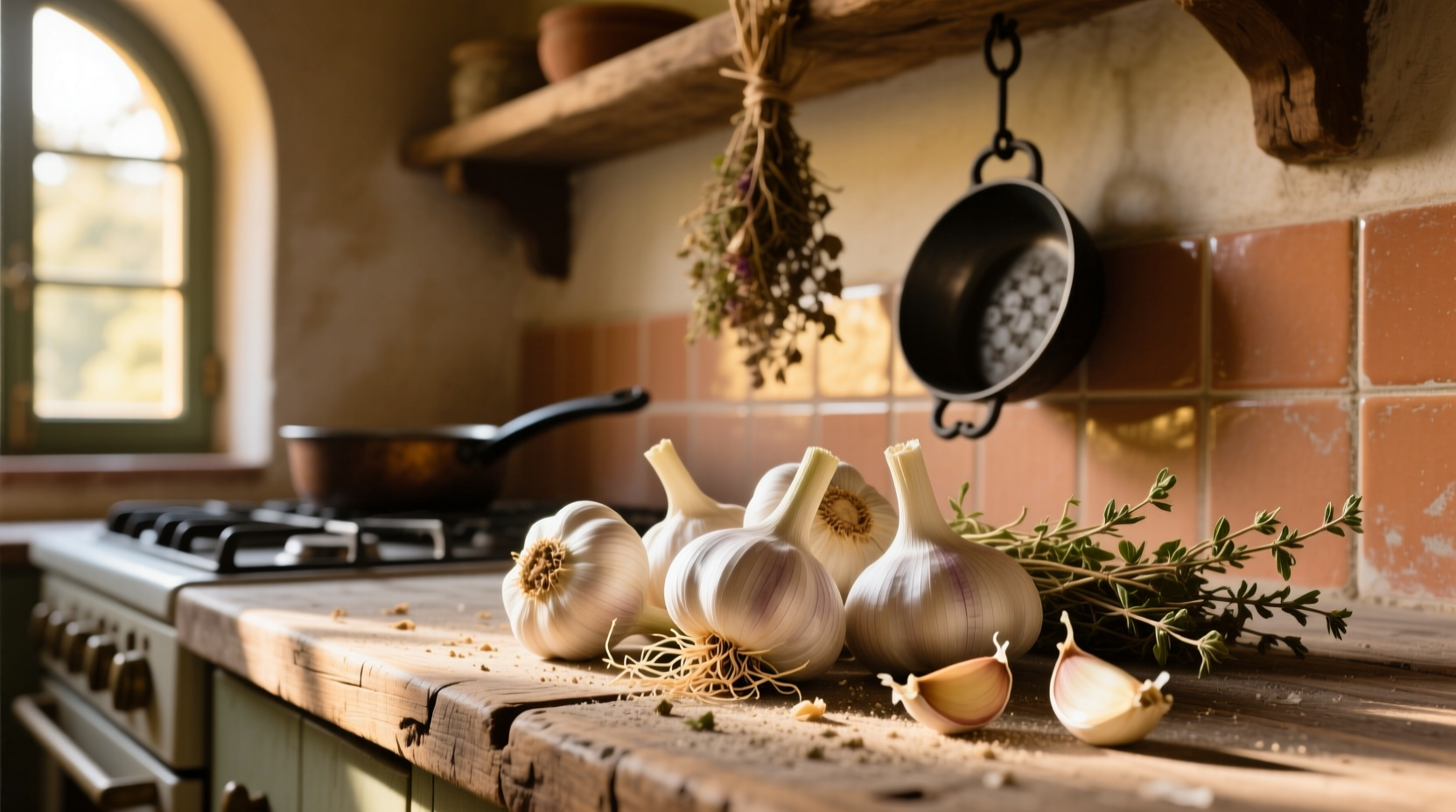Fresh garlic bulbs on rustic Italian kitchen counter