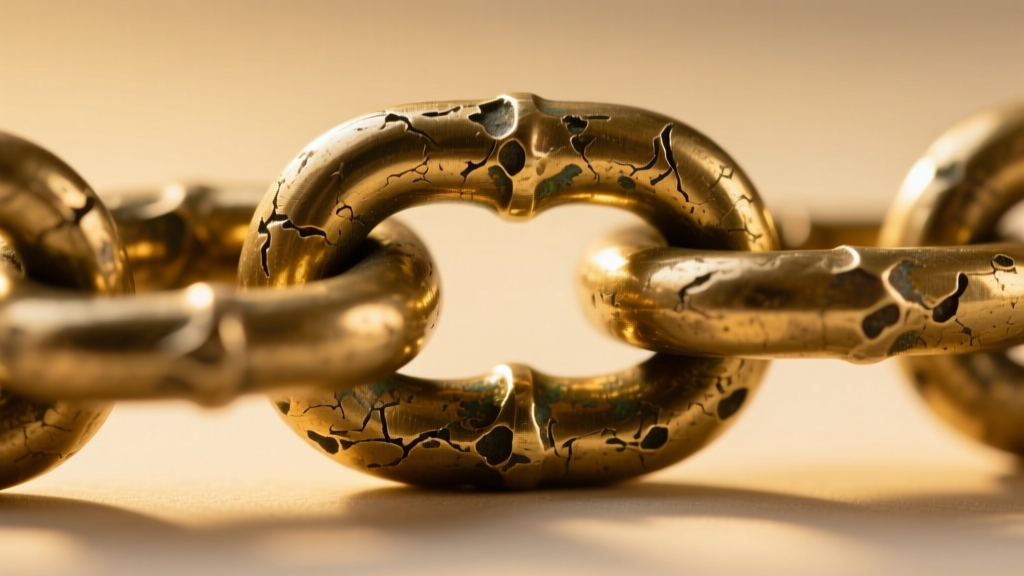 Macro photography of a raw brass Jan Michaels chain link showing organic hammer marks and natural oxidation patina in warm sunlight.