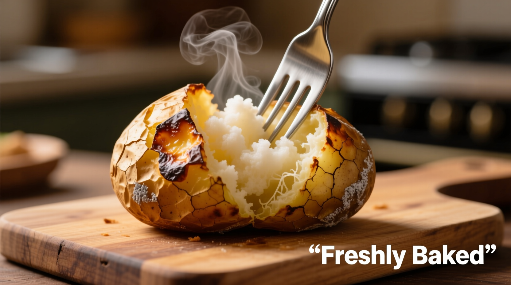 Crispy baked potato with fork showing fluffy interior
