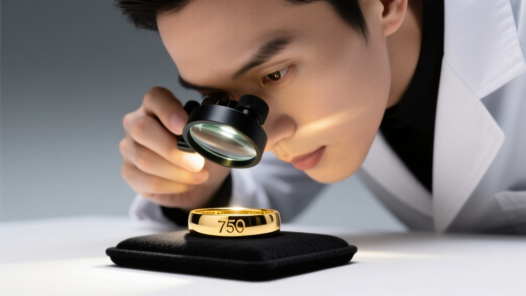 Jeweler using a 10x loupe to inspect a tiny 750 hallmark stamped inside an 18k yellow gold band under bright focused LED light