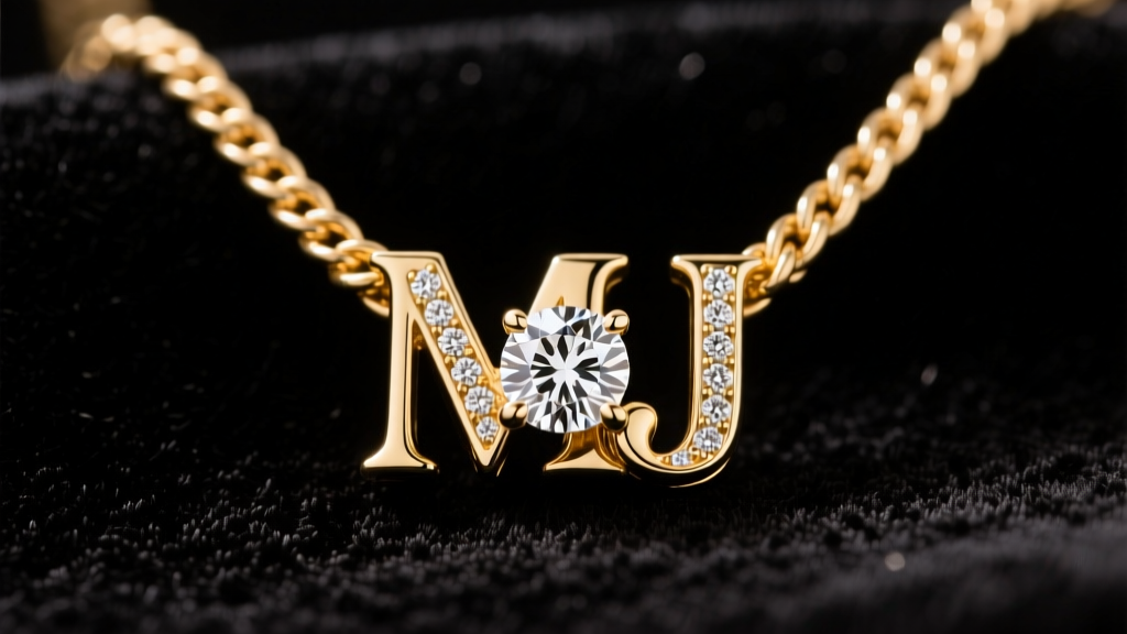Macro shot of an 18k white gold diamond MJ pendant on a thick rope chain, resting on black velvet under warm studio lighting.