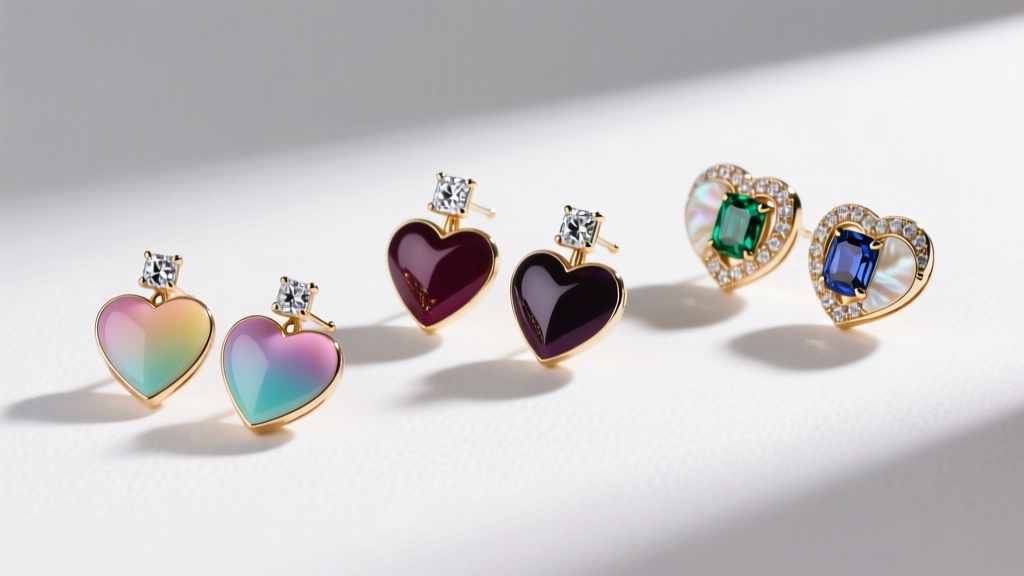 Flat lay comparing three pairs of heart-shaped fashion earrings from different brands, showing variations in enamel and stone work