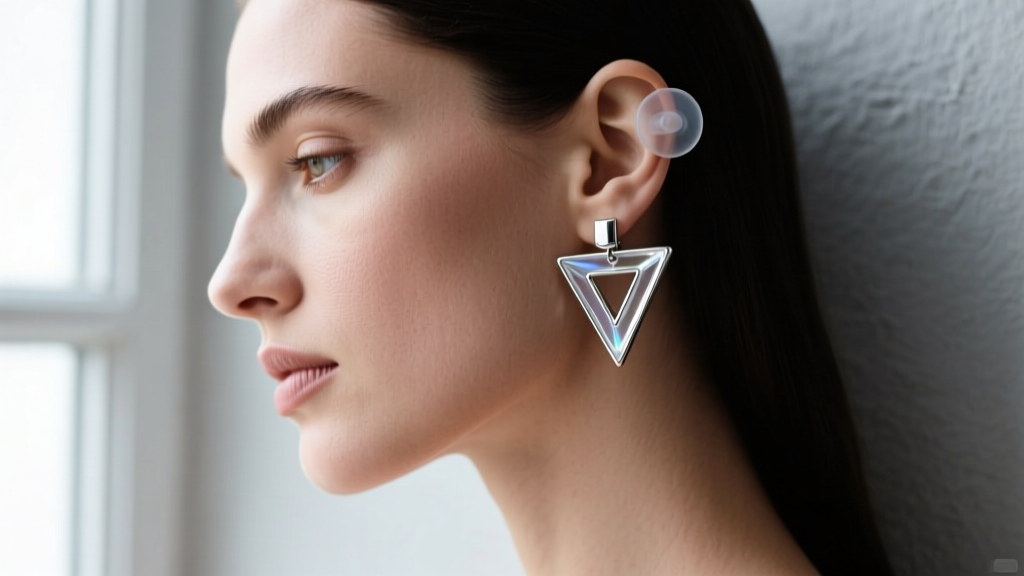 Side profile of a woman wearing an inverted triangle stud earring supported by a discreet, clear silicone earlobe support patch.