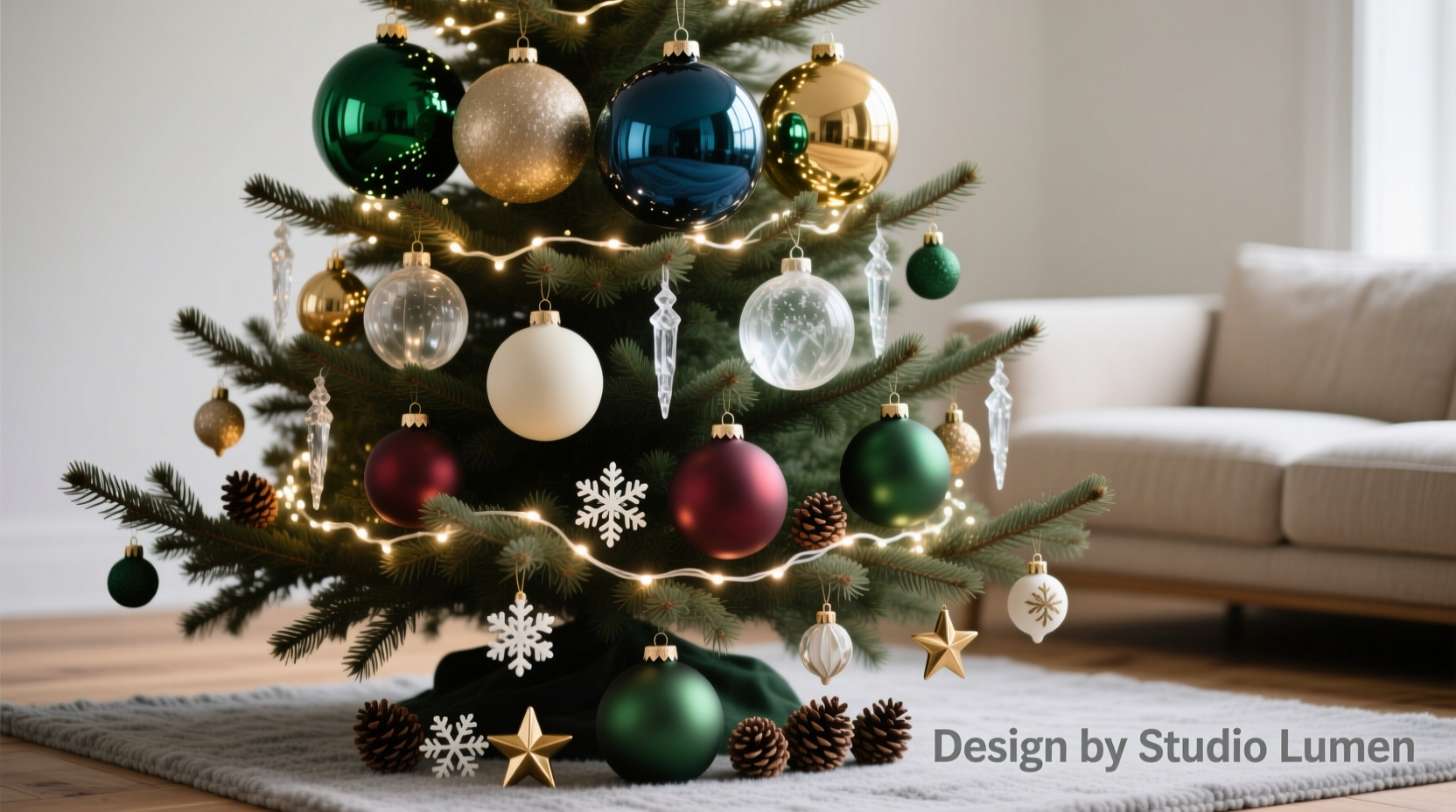 how to layer different bulb sizes for a designer christmas tree look