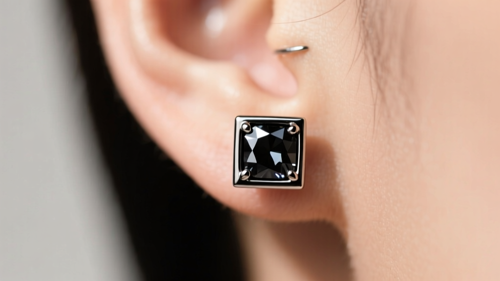 Close-up of a 6mm black rhodium square stud earring with a single princess-cut black diamond, worn in a standard earlobe piercing