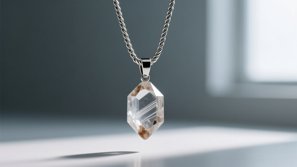20-gauge titanium rope chain supporting a 15-gram raw quartz pendant against a blurred slate background to show tension.