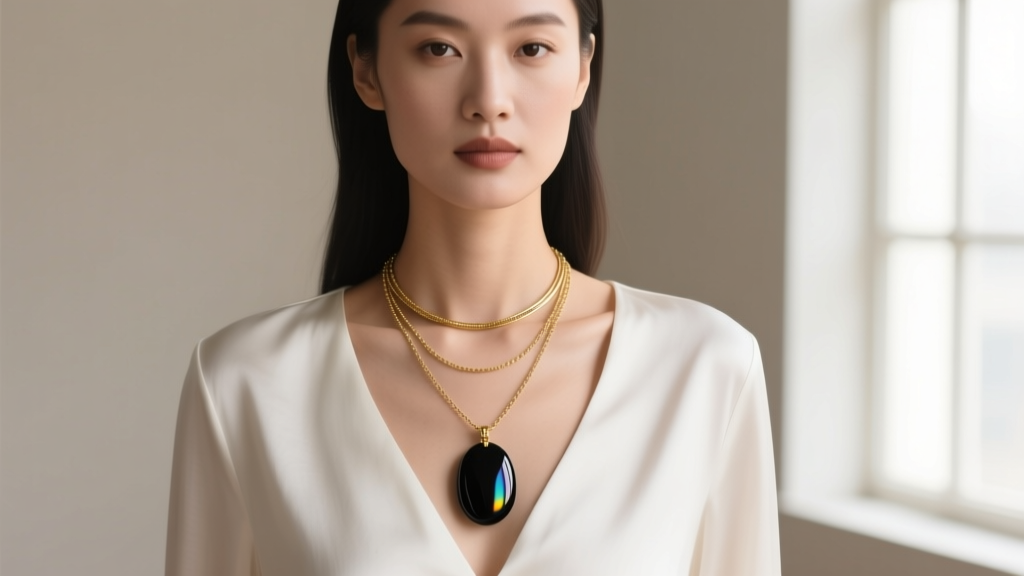 Woman wearing a layered stack with a black obsidian stone holder necklace at 24 inches paired with a delicate 18-inch gold chain.
