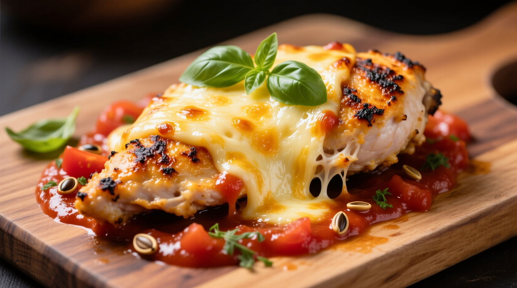 Golden chicken breast topped with melted mozzarella and fresh tomato sauce