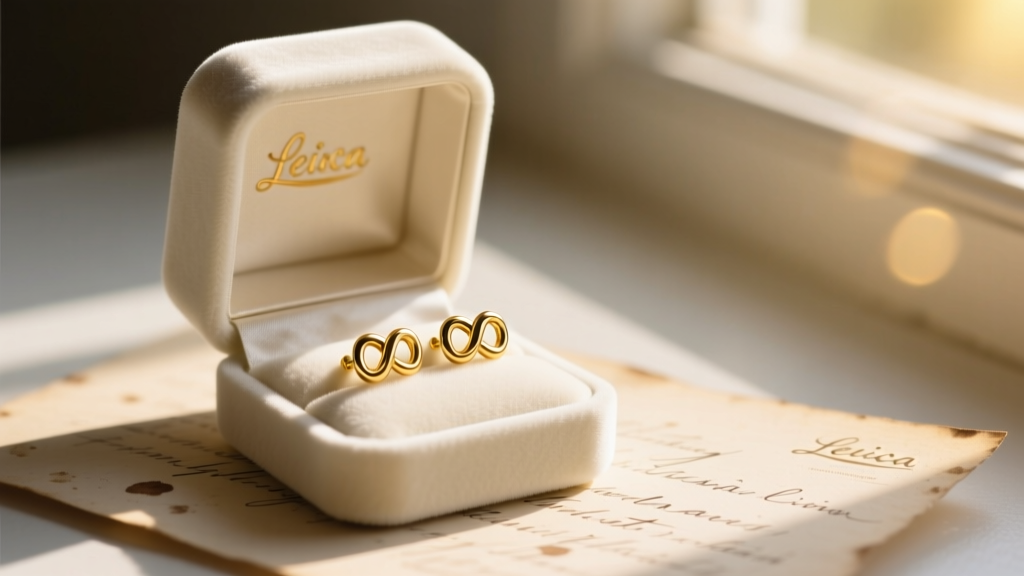 Elegant open velvet box revealing 14k gold infinity knot stud earrings resting on a handwritten letter, soft warm morning sunlight.
