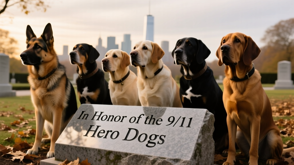 A group of diverse working dogs—German Shepherds, Labradors, Bloodhounds—standing respectfully beside a memorial plaque engraved with 'In Honor of the 9/11 Hero Dogs'