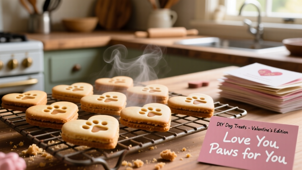 A close-up of freshly baked heart-shaped dog treats cooling on a wire rack