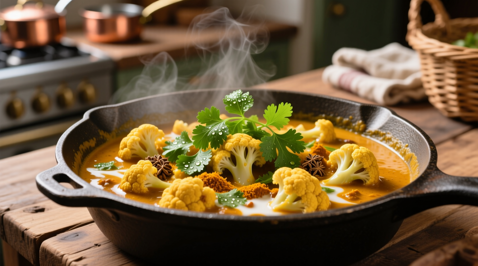 Golden cauliflower curry simmering in cast iron pot with fresh cilantro