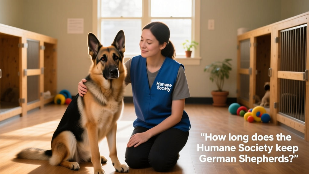A calm German Shepherd sitting beside a caring volunteer in a quiet shelter room