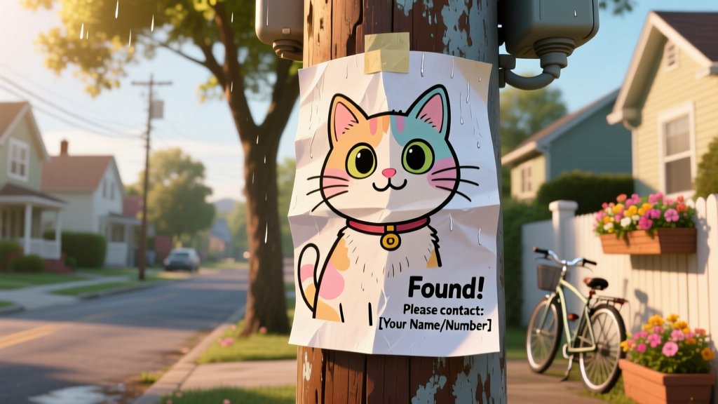 Colorful lost-cat poster taped to a neighborhood utility pole