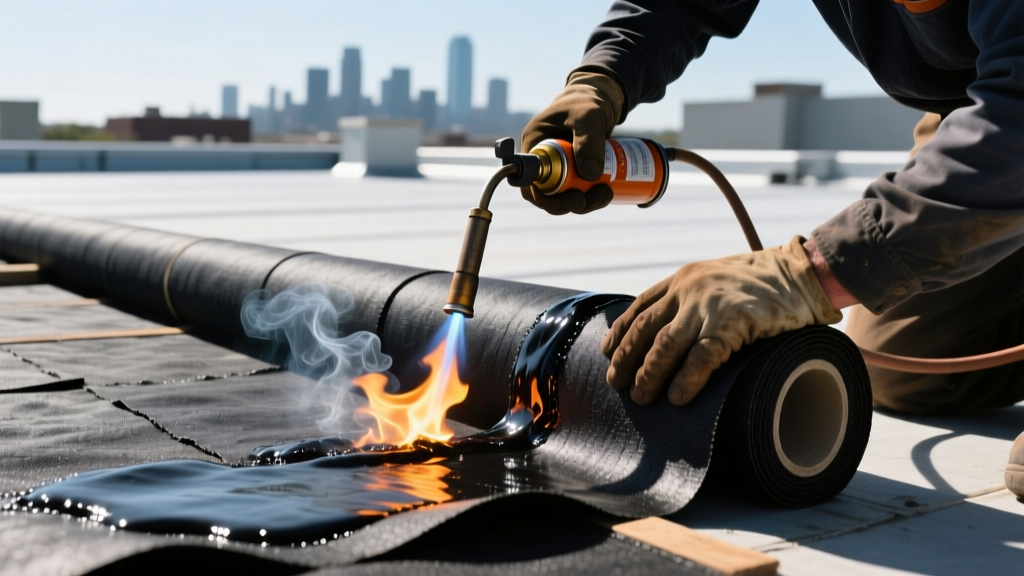 Close-up of a roofing professional using a propane torch to melt the seams of black SBS modified bitumen rolls on a flat commercial roof