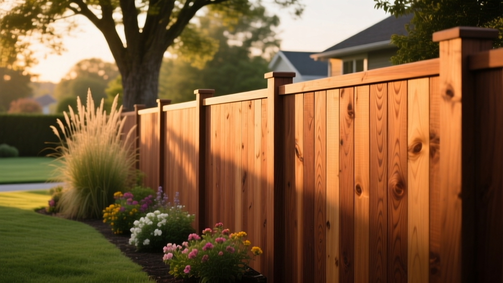 Close-up of newly installed western red cedar privacy fence panels with horizontal grain patterns set in a lush suburban backyard during golden hour