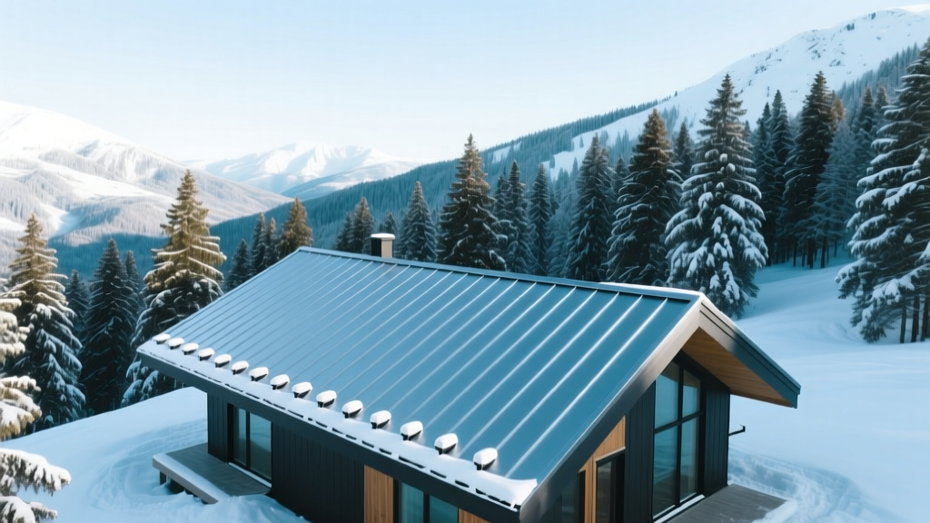 Aerial view of a standing seam metal roof with snow guards on a mountain cabin, surrounded by pine trees under a clear winter sky
