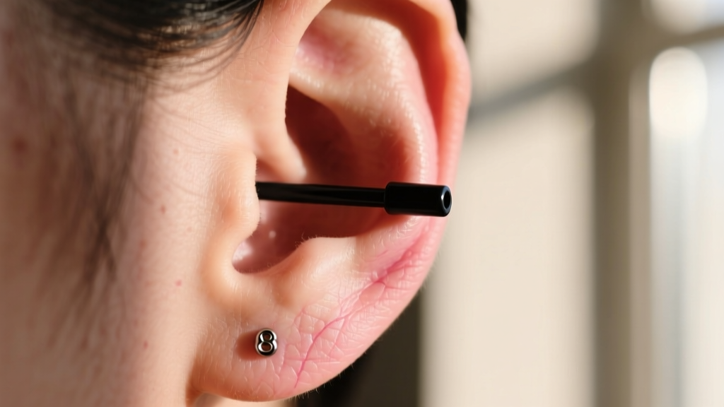 Close-up of a stretched earlobe wearing a lightweight black niobium plug, showing healthy skin around the 8-gauge piercing hole