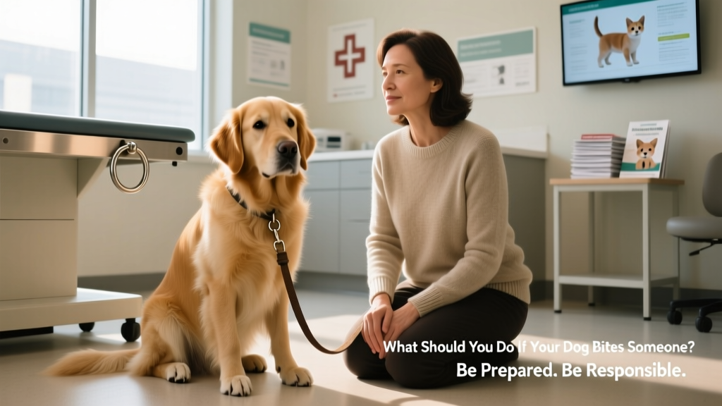 A calm, leashed dog sitting beside its owner during a veterinary visit