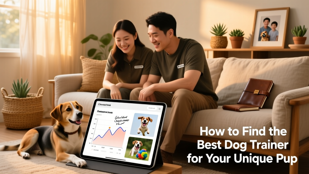 A trainer and owner reviewing a customized training plan on a tablet, with notes, progress charts, and photos of recent successes