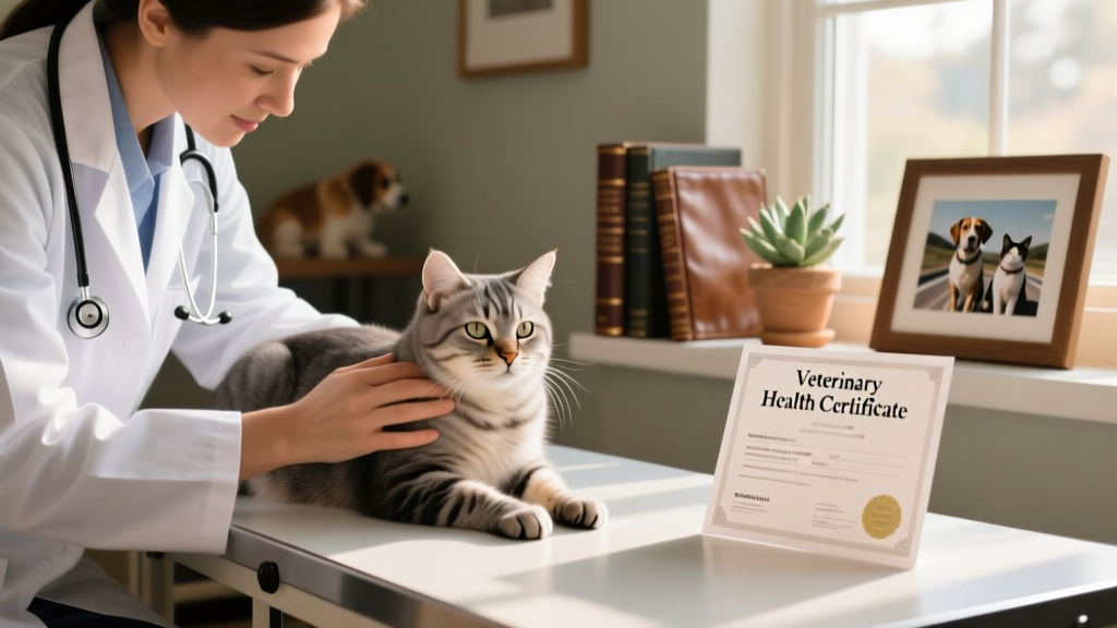 Veterinarian holding a health certificate while gently examining a calm cat on an exam table