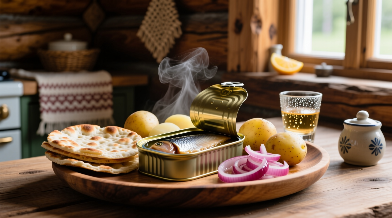 Traditional Swedish surströmming served with tunnbröd and potatoes