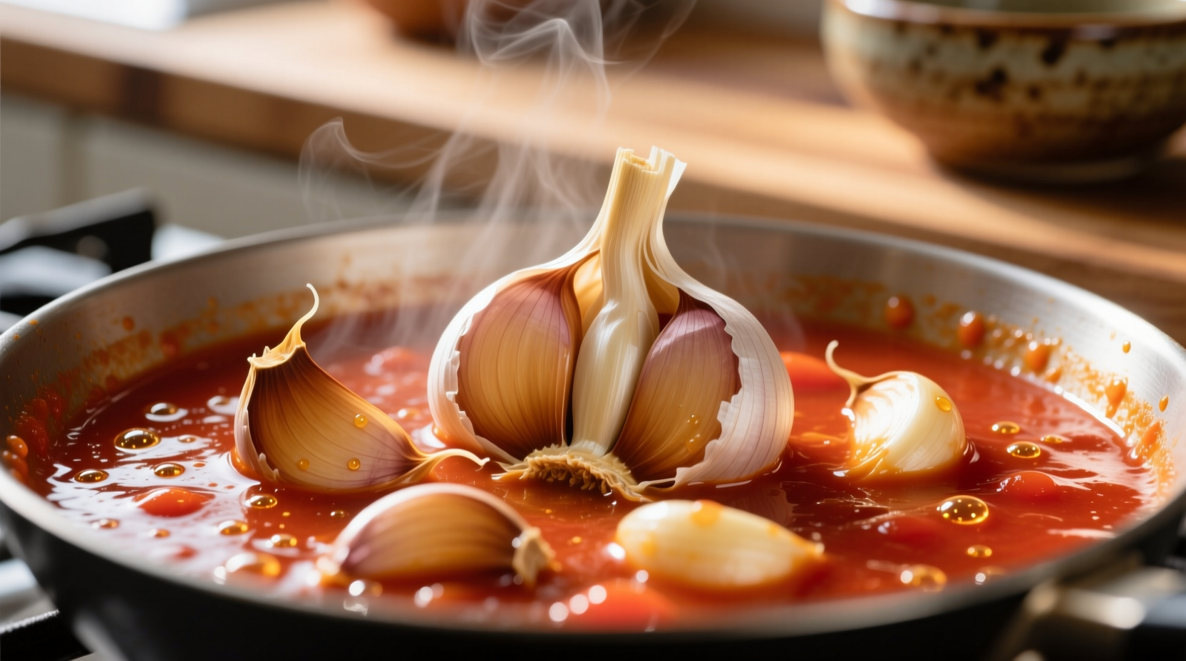 Fresh garlic cloves simmering in tomato sauce