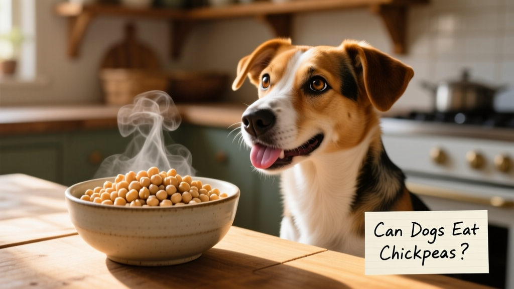 A bowl of plain, cooked chickpeas next to a happy, curious dog