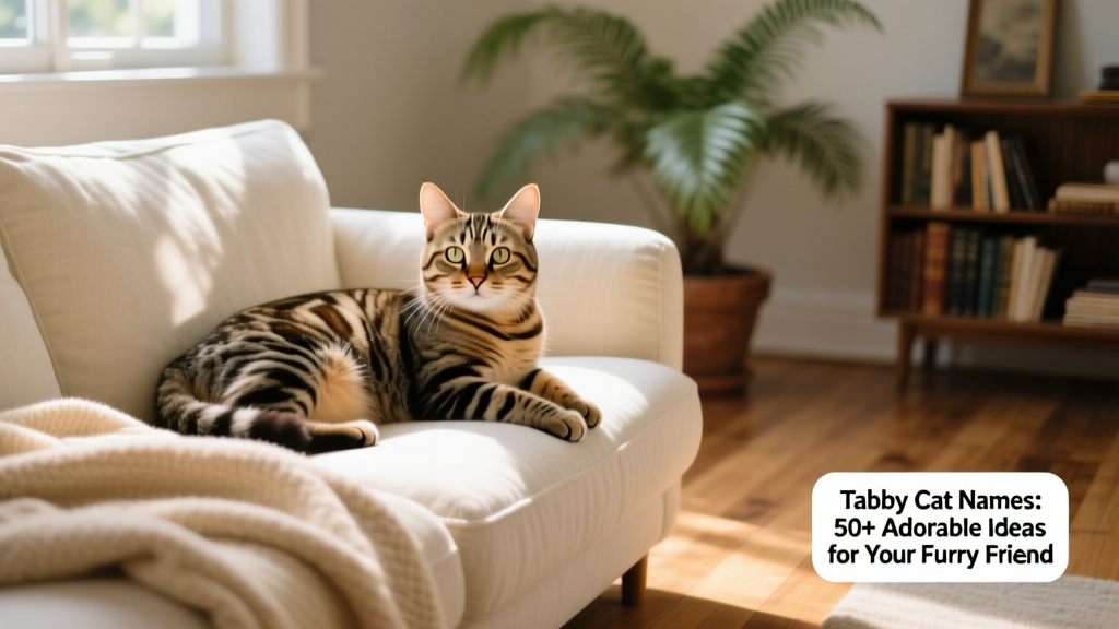 A relaxed tabby cat lounging on a cozy sofa