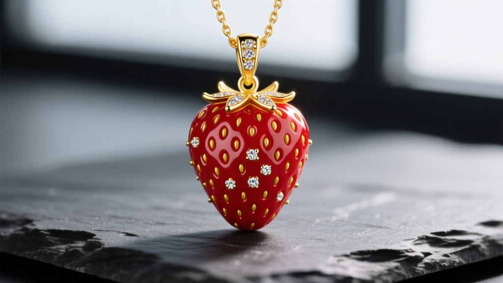 Macro shot of an 18k yellow gold strawberry pendant with vibrant red vitreous enamel and diamond seeds, resting on dark slate.