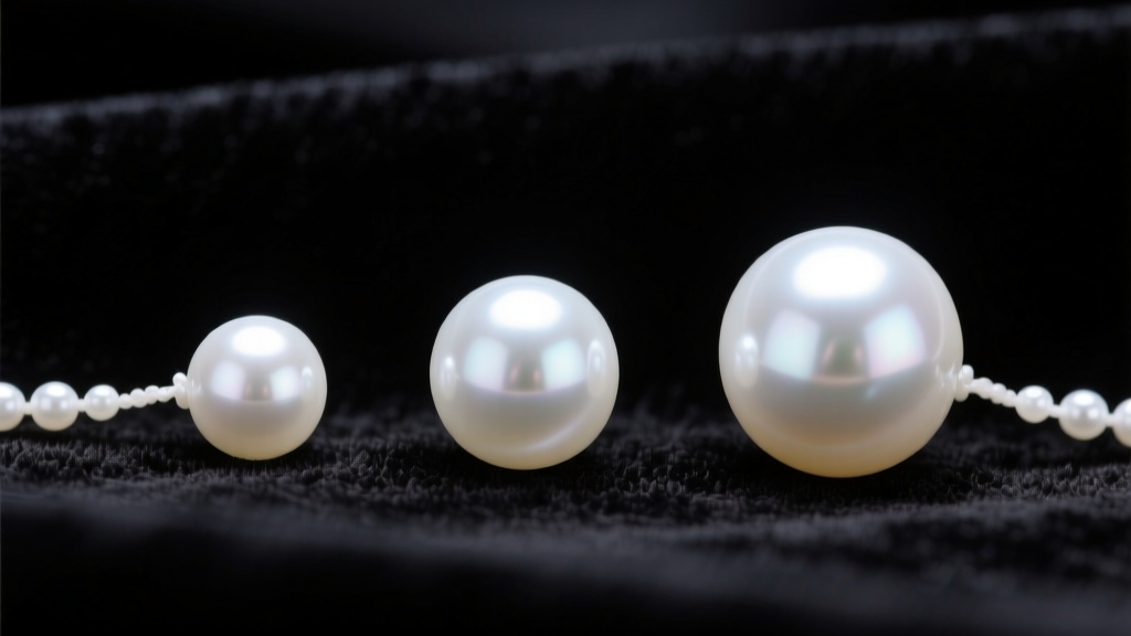 Macro photography comparing three strands of white freshwater pearls in 6mm, 8mm, and 10mm sizes resting on black velvet fabric.