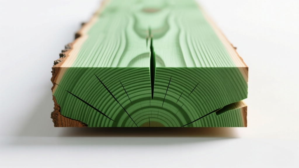 Cross-section of pressure-treated lumber showing green copper azole preservative penetrating along straight grain lines in Douglas Fir