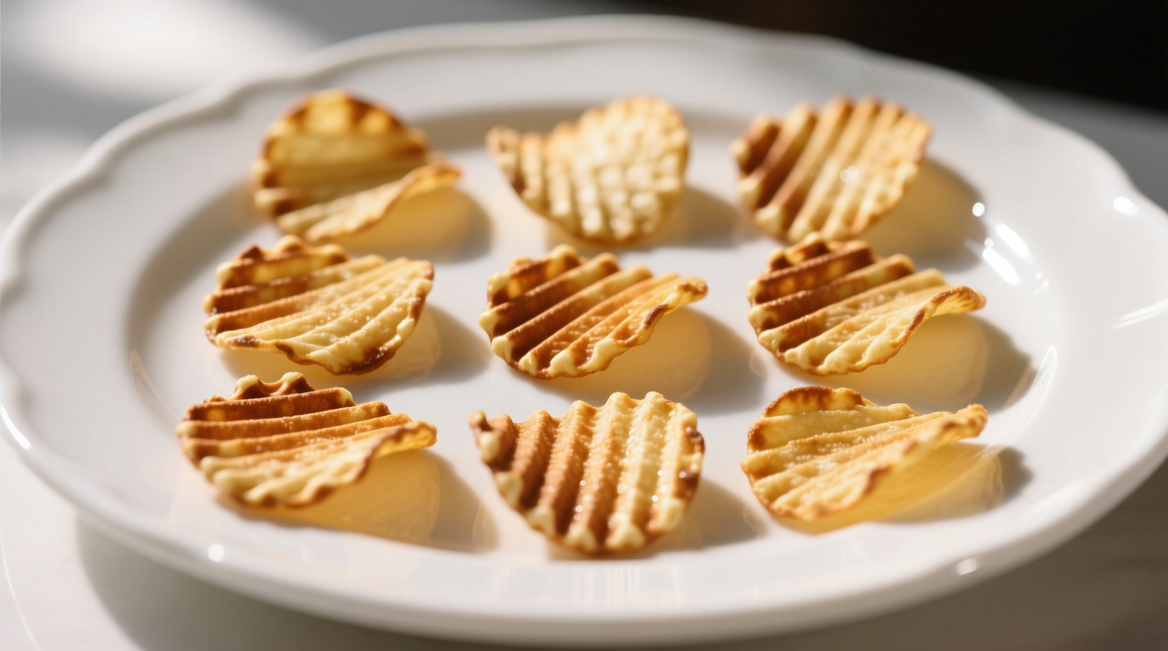 Waffle potato chips arranged in grid pattern on white plate