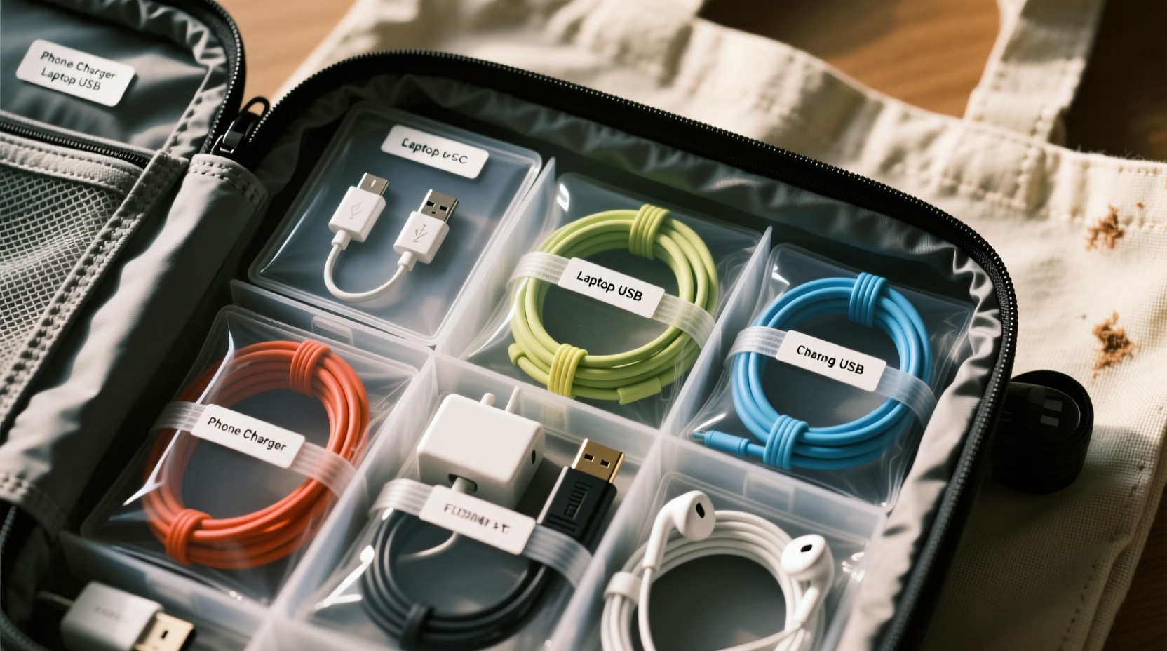 how to organize cables in a travel bag for easy access