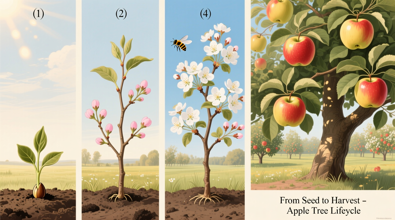 Apple tree growth stages from seed to mature fruit