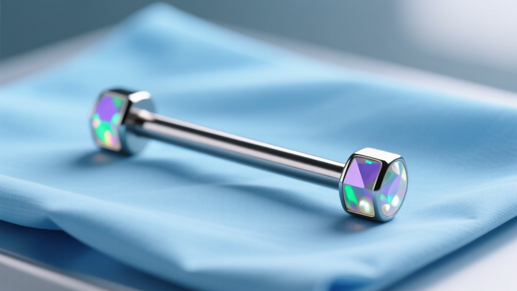 Close-up of a 14g titanium straight barbell with opal ends on a sterile blue medical drape under soft clinical light.