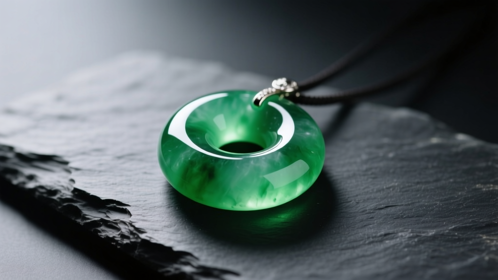 Close-up of a translucent, vibrant green jadeite donut pendant resting on dark slate with soft, directional lighting.